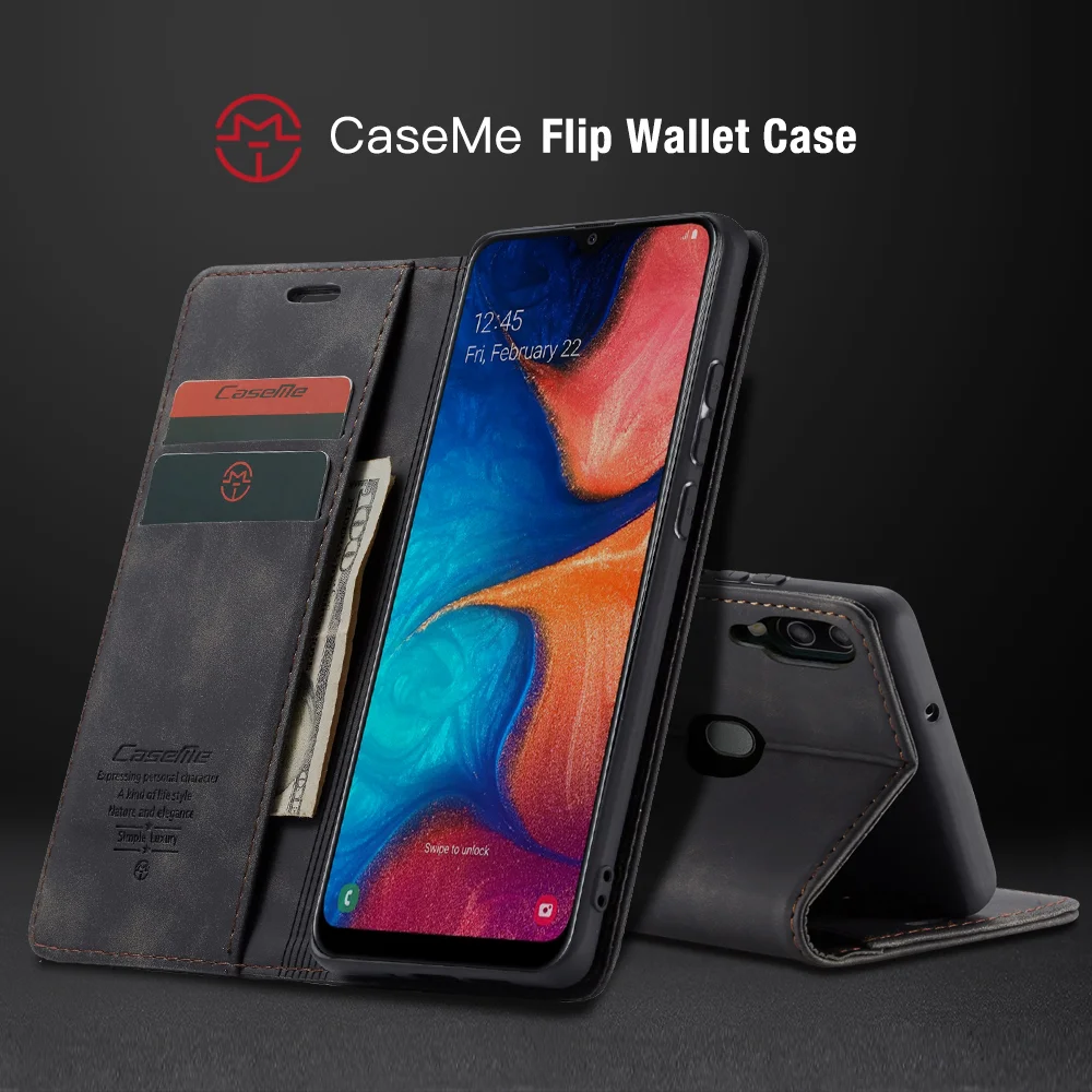 CASEME 013 Series Auto-absorbed Leather Flip Wallet Case for Samsung Galaxy A20e - Black-Cellmalls
