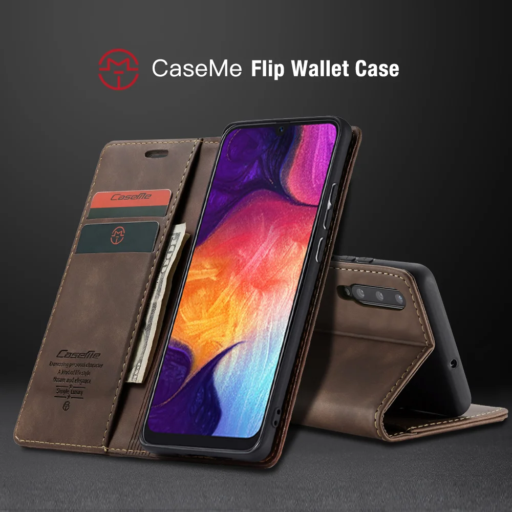 CASEME 013 Series Auto-absorbed Leather Wallet Case for Samsung Galaxy A50 - Black-Cellmalls