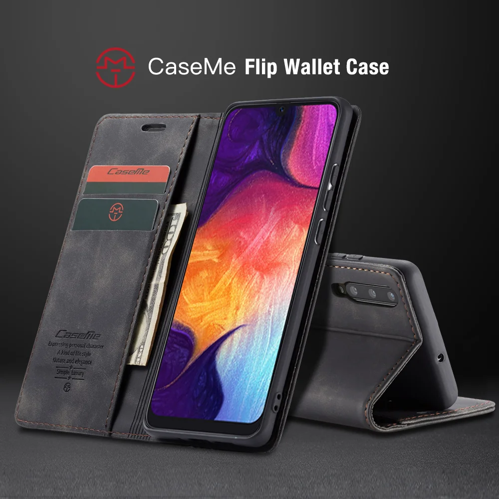 CASEME 013 Series Auto-absorbed Leather Wallet Case for Samsung Galaxy A50 - Black-Cellmalls