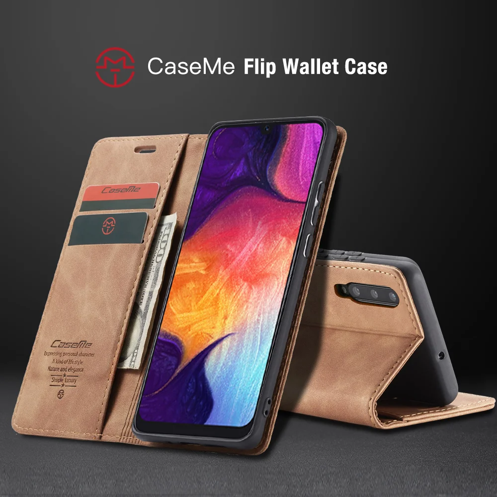 CASEME 013 Series Auto-absorbed Leather Wallet Case for Samsung Galaxy A50 - Black-Cellmalls