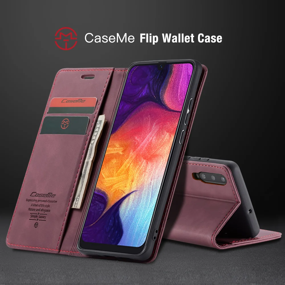 CASEME 013 Series Auto-absorbed Leather Wallet Case for Samsung Galaxy A50 - Black-Cellmalls