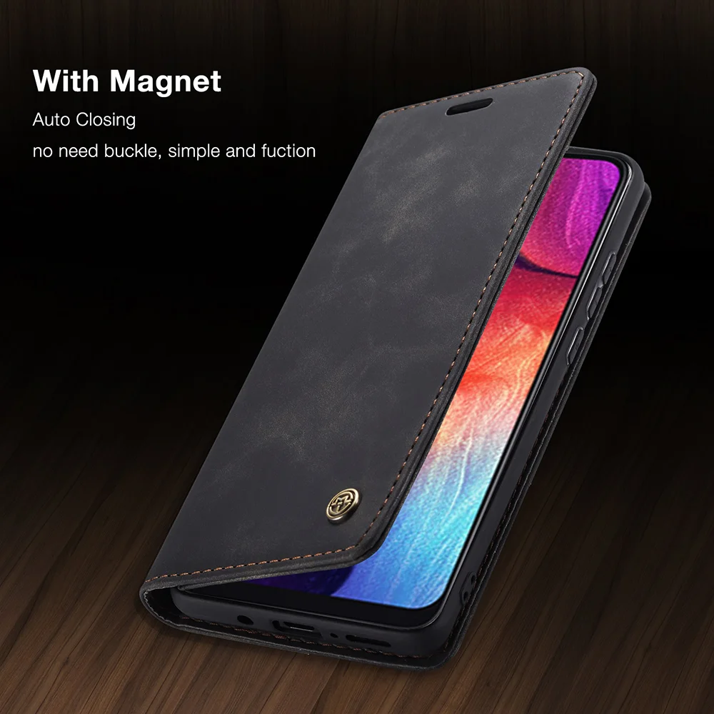 CASEME 013 Series Auto-absorbed Leather Wallet Case for Samsung Galaxy A50 - Black-Cellmalls