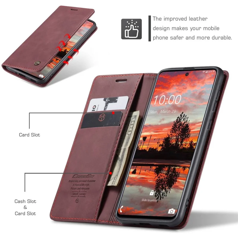 CASEME 013 Series Wallet Function PU Leather + TPU Mobile Phone Shell Auto-absorbed Magnetic Closing Case for Samsung Galaxy A33 5G - Red-Cellmalls