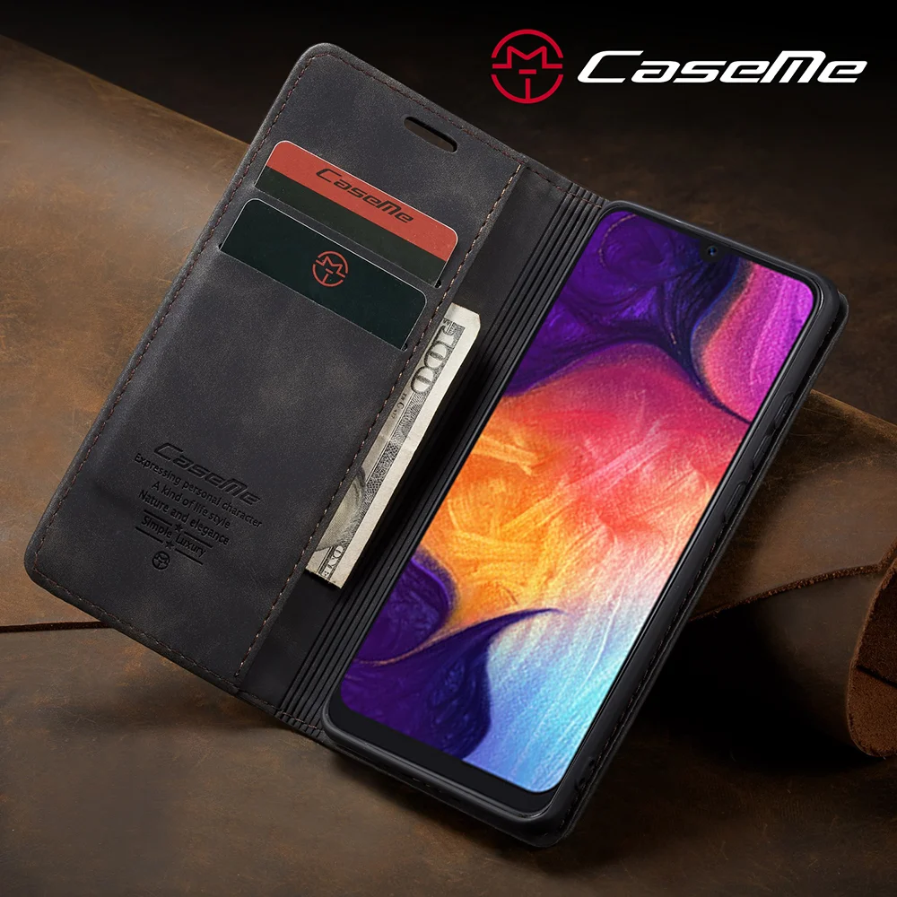 CASEME 013 Series Auto-absorbed Leather Wallet Case for Samsung Galaxy A50 - Black-Cellmalls