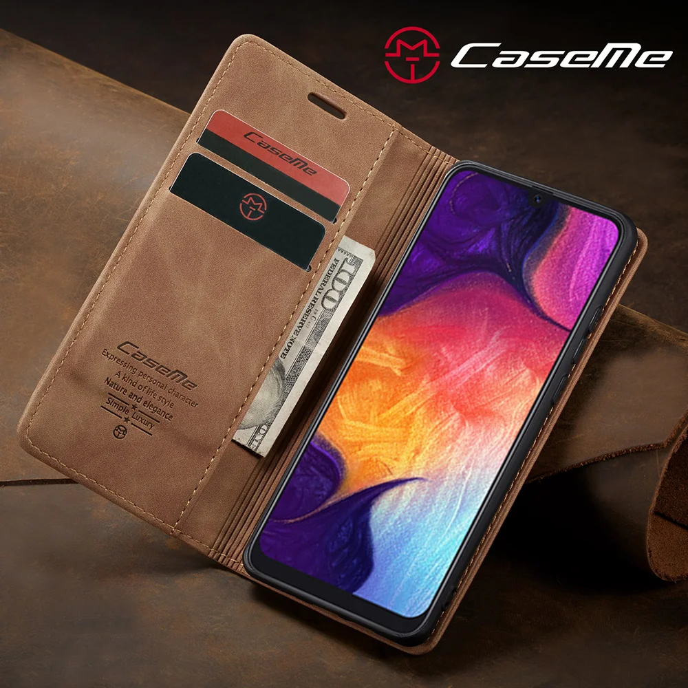CASEME 013 Series Auto-absorbed Leather Wallet Case for Samsung Galaxy A50 - Black-Cellmalls