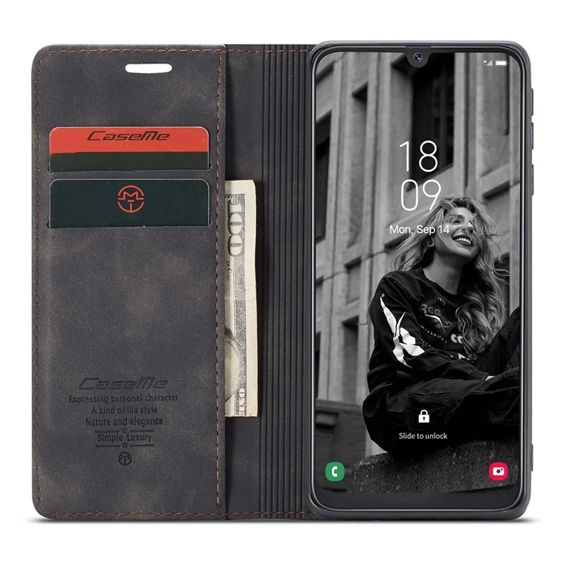 CASEME 013 Series Folio Flip Auto-absorbed Leather Wallet Stand Case for Samsung Galaxy A40 - Black-Cellmalls