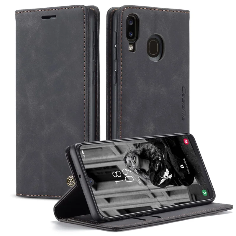 CASEME 013 Series Folio Flip Auto-absorbed Leather Wallet Stand Case for Samsung Galaxy A40 - Black-Cellmalls