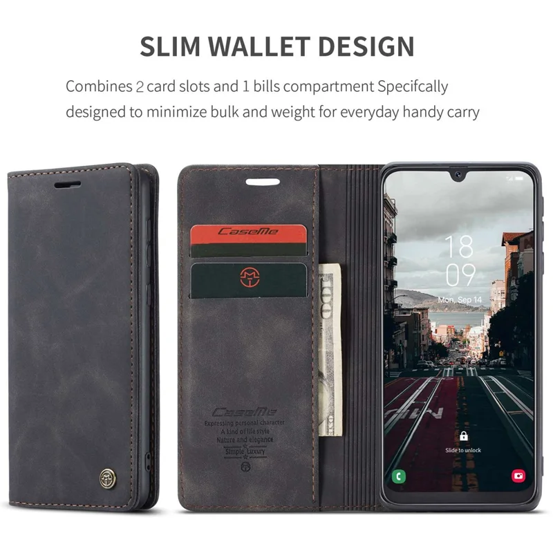 CASEME 013 Series Folio Flip Auto-absorbed Leather Wallet Stand Case for Samsung Galaxy A40 - Black-Cellmalls