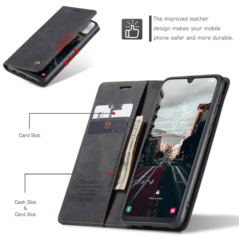 CASEME 013 Series Folio Flip Auto-absorbed Leather Wallet Stand Case for Samsung Galaxy A40 - Black-Cellmalls