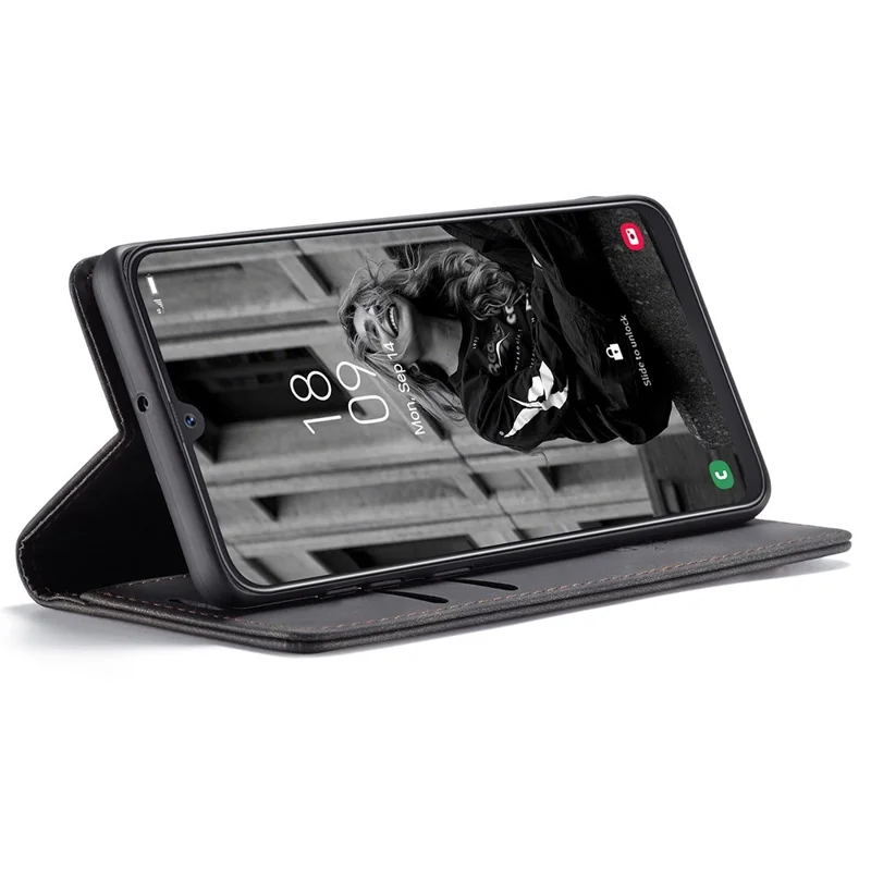 CASEME 013 Series Folio Flip Auto-absorbed Leather Wallet Stand Case for Samsung Galaxy A40 - Black-Cellmalls