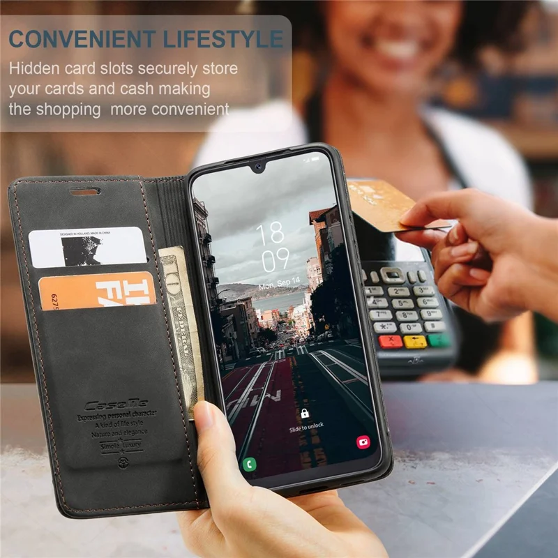 CASEME 013 Series Folio Flip Auto-absorbed Leather Wallet Stand Case for Samsung Galaxy A40 - Black-Cellmalls