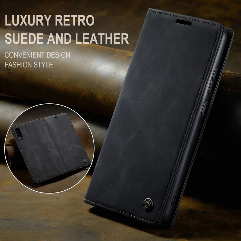 CASEME 013 Series Folio Flip Auto-absorbed Leather Wallet Stand Case for Samsung Galaxy A40 - Black-Cellmalls