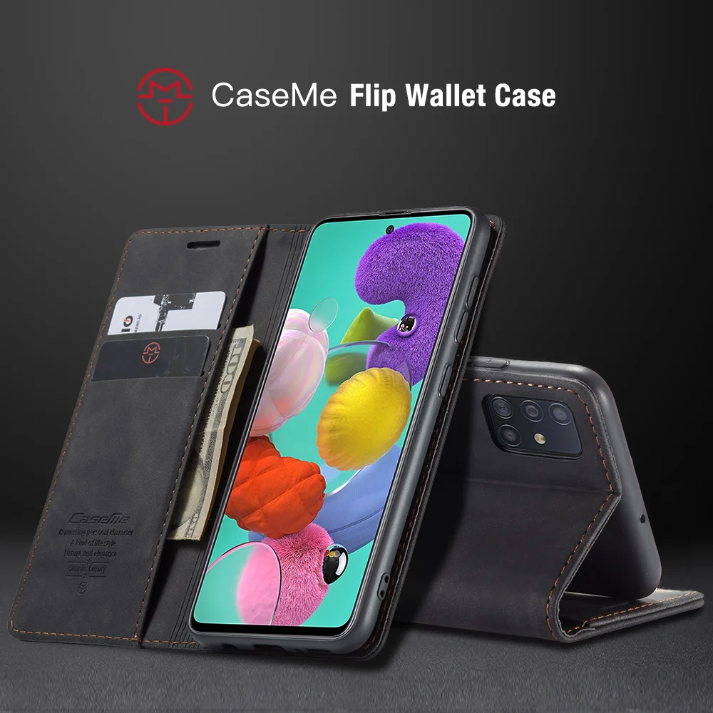 CASEME 013 Series Auto-absorbed Leather Wallet Automatic Closing Stand Case for Samsung Galaxy A51 - Black-Cellmalls