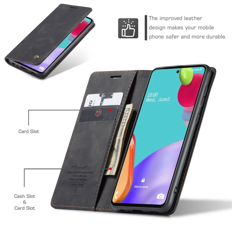 CASEME 013 Series Leather Cover for Samsung Galaxy A52 5G / A52 4G / A52s 5G Magnetic Auto-Absorbed Wallet Stand Case - Black-Cellmalls