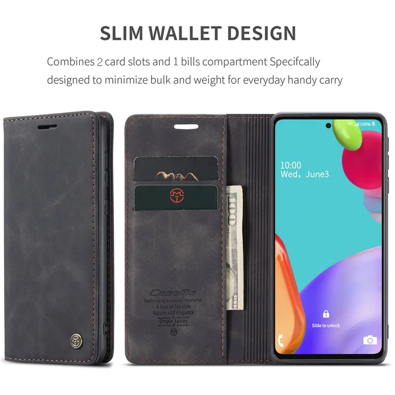 CASEME 013 Series Leather Cover for Samsung Galaxy A52 5G / A52 4G / A52s 5G Magnetic Auto-Absorbed Wallet Stand Case - Black-Cellmalls