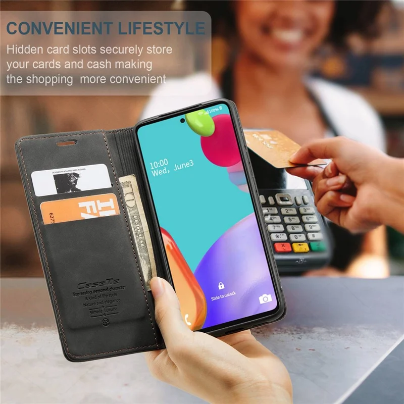 CASEME 013 Series Leather Cover for Samsung Galaxy A52 5G / A52 4G / A52s 5G Magnetic Auto-Absorbed Wallet Stand Case - Black-Cellmalls