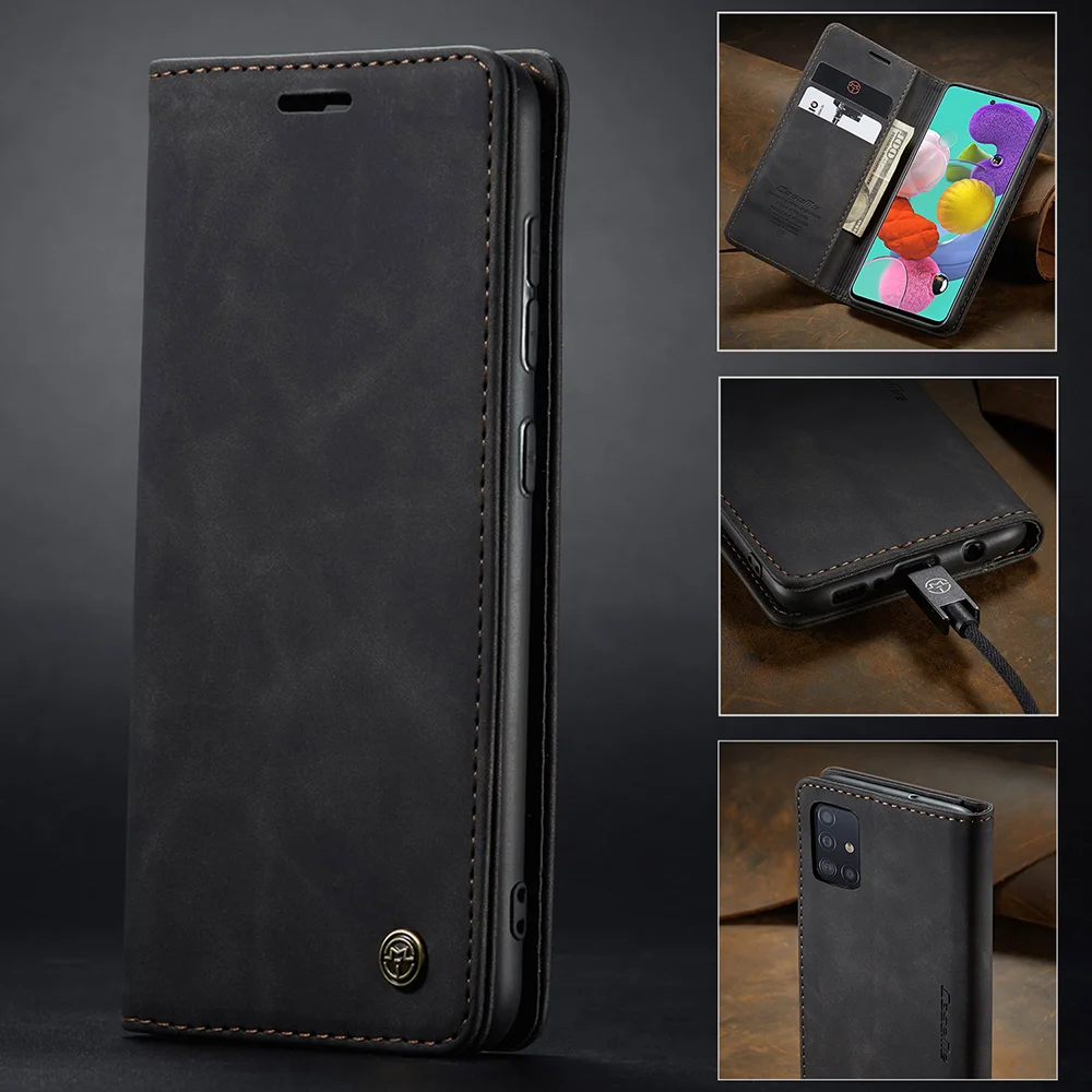 CASEME 013 Series Auto-absorbed Leather Wallet Automatic Closing Stand Case for Samsung Galaxy A51 - Black-Cellmalls