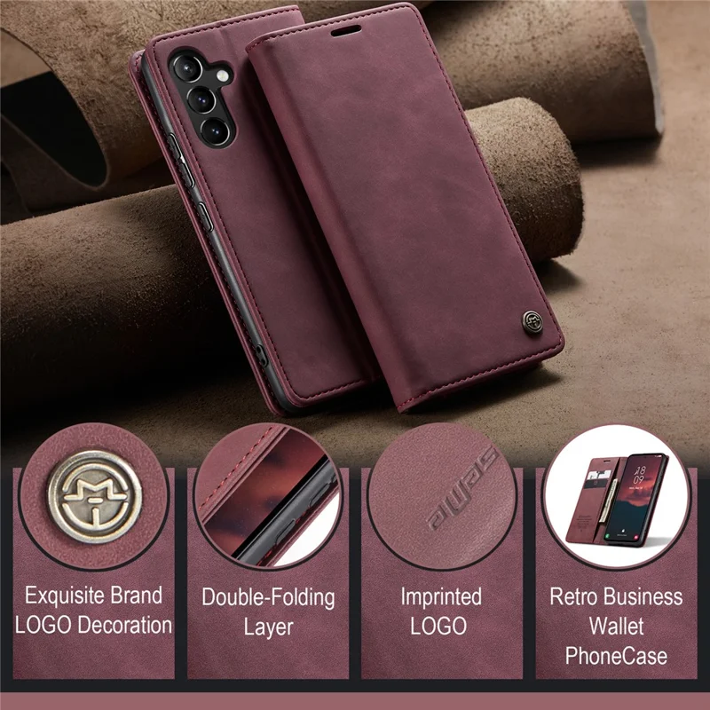 CASEME 013 Series Phone Case for Samsung Galaxy A54 5G PU Leather Case Wallet Stand Shockproof Cover - Wine Red-Cellmalls