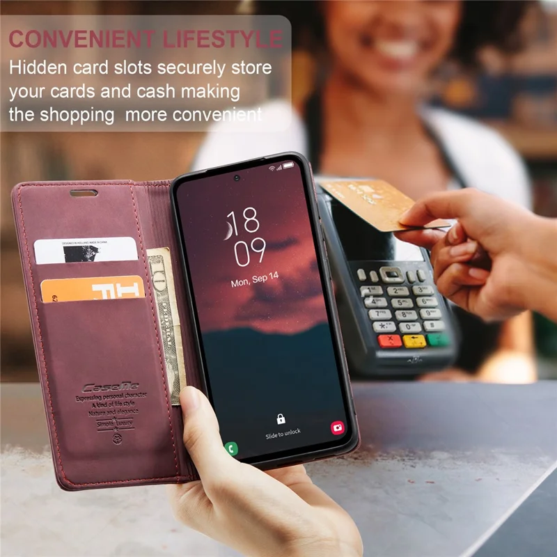 CASEME 013 Series Phone Case for Samsung Galaxy A54 5G PU Leather Case Wallet Stand Shockproof Cover - Wine Red-Cellmalls