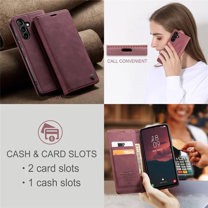 CASEME 013 Series Phone Case for Samsung Galaxy A54 5G PU Leather Case Wallet Stand Shockproof Cover - Wine Red-Cellmalls