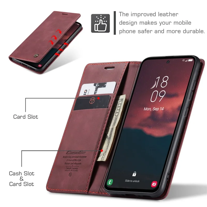 CASEME 013 Series Phone Case for Samsung Galaxy A54 5G PU Leather Case Wallet Stand Shockproof Cover - Wine Red-Cellmalls