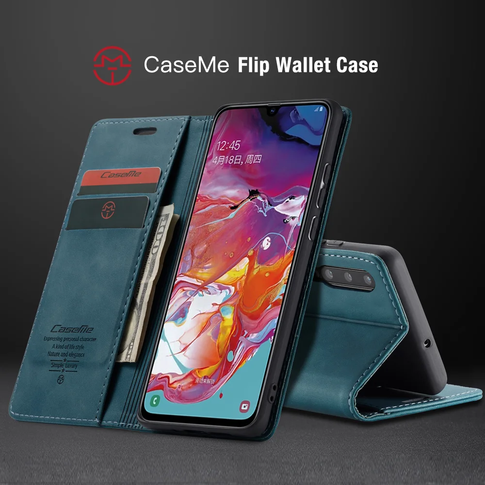 CASEME 013 Series Auto-absorbed Leather Wallet Stand Case for Samsung Galaxy A70 - Black-Cellmalls