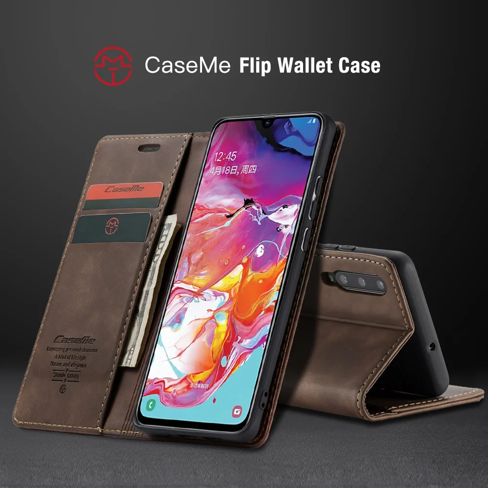 CASEME 013 Series Auto-absorbed Leather Wallet Stand Case for Samsung Galaxy A70 - Black-Cellmalls