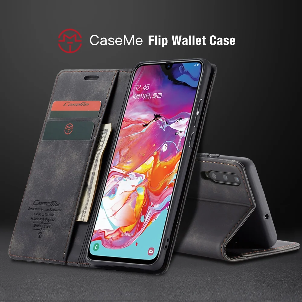 CASEME 013 Series Auto-absorbed Leather Wallet Stand Case for Samsung Galaxy A70 - Black-Cellmalls