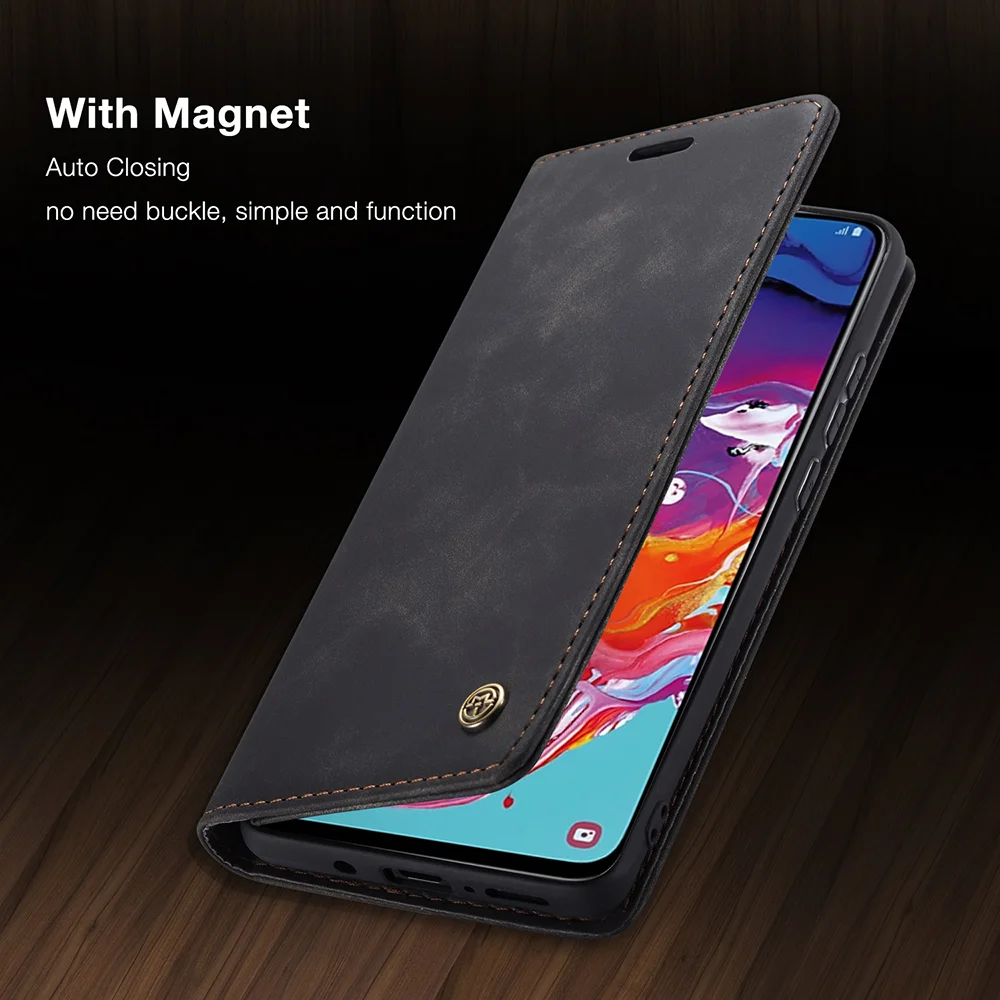 CASEME 013 Series Auto-absorbed Leather Wallet Stand Case for Samsung Galaxy A70 - Black-Cellmalls