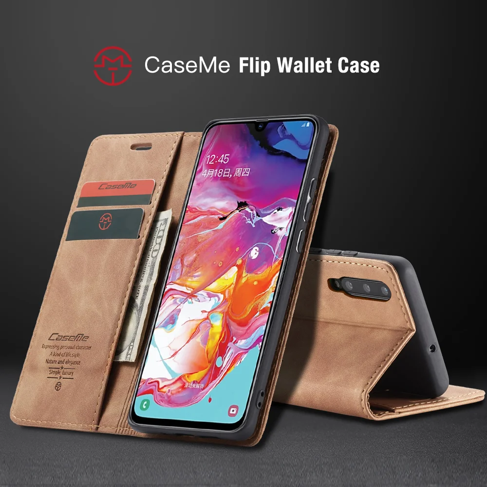 CASEME 013 Series Auto-absorbed Leather Wallet Stand Case for Samsung Galaxy A70 - Black-Cellmalls
