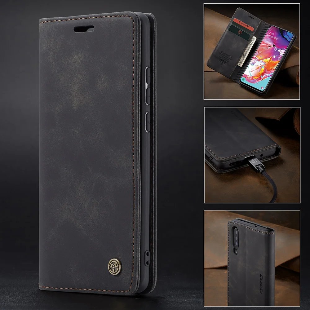 CASEME 013 Series Auto-absorbed Leather Wallet Stand Case for Samsung Galaxy A70 - Black-Cellmalls
