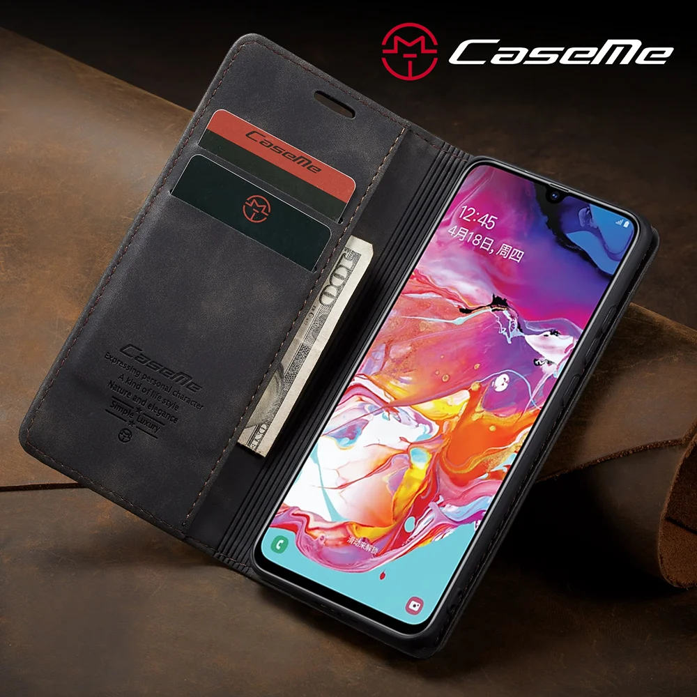 CASEME 013 Series Auto-absorbed Leather Wallet Stand Case for Samsung Galaxy A70 - Black-Cellmalls