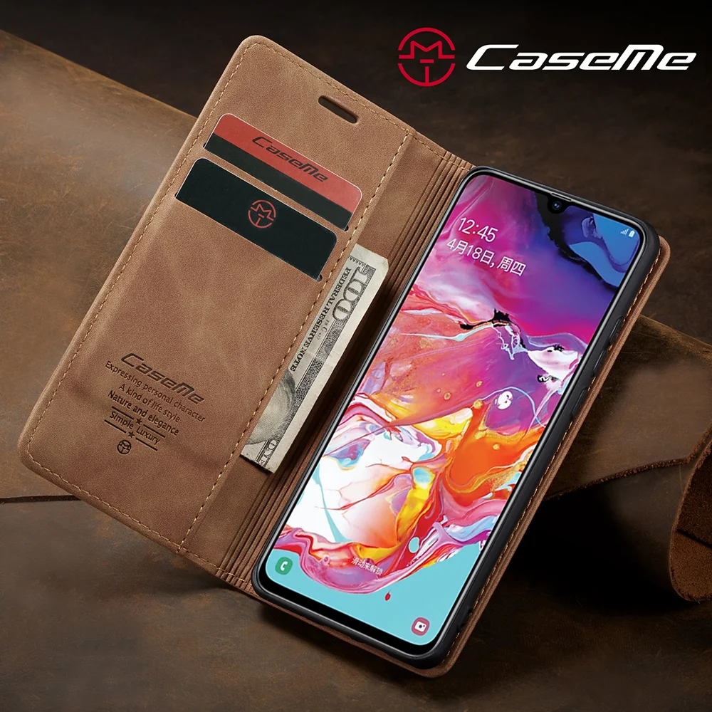 CASEME 013 Series Auto-absorbed Leather Wallet Stand Case for Samsung Galaxy A70 - Black-Cellmalls