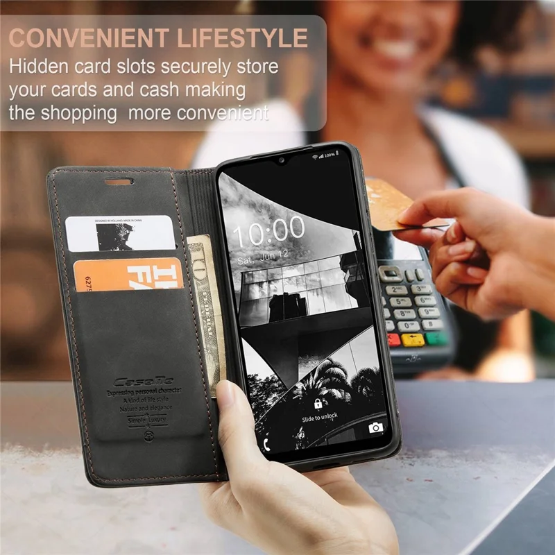 CASEME 013 Series Slim Phone Case for Samsung Galaxy M33 5G (Global Version) Shockproof PU Leather Wallet Foldable Stand Phone Cover - Black-Cellmalls