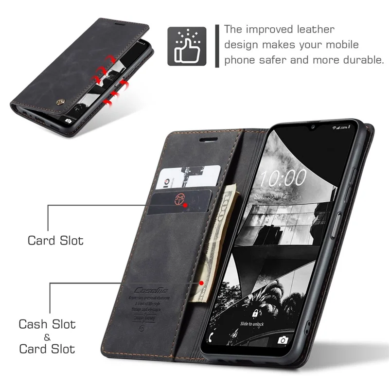 CASEME 013 Series Slim Phone Case for Samsung Galaxy M33 5G (Global Version) Shockproof PU Leather Wallet Foldable Stand Phone Cover - Black-Cellmalls
