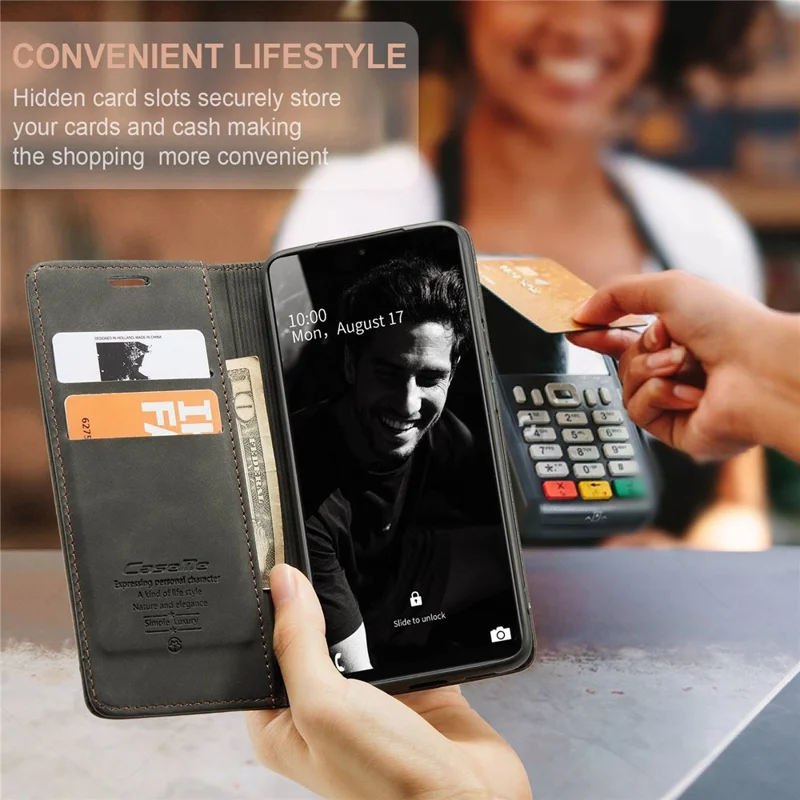 CASEME 013 Series Automatic Suction Leather Wallet Case for Samsung Galaxy A72 4G/5G - Black-Cellmalls
