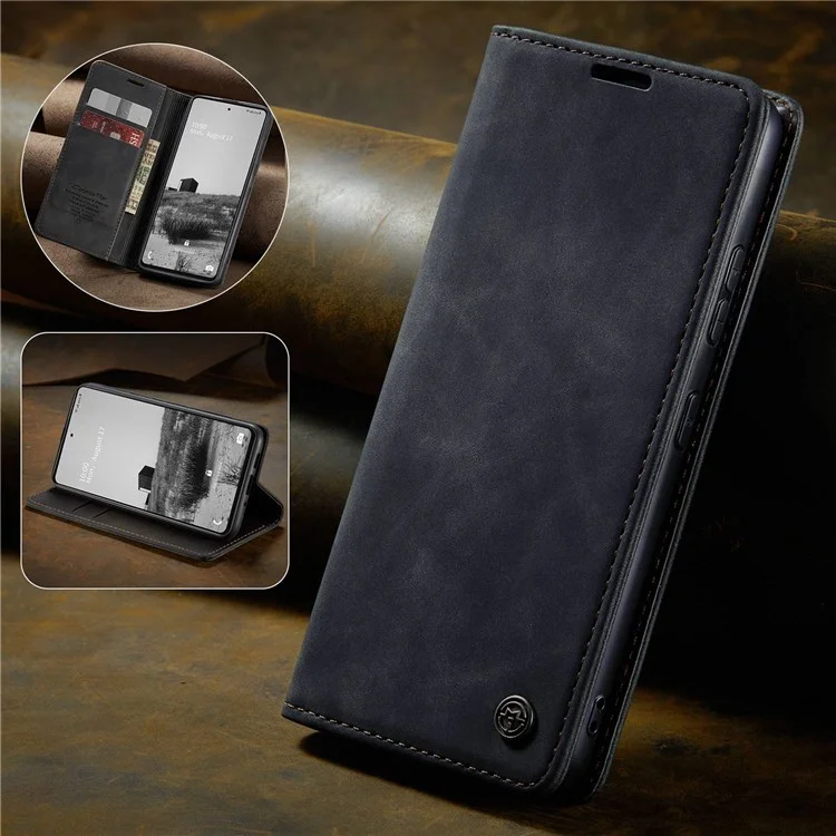 CASEME 013 Series Lightweight Mobile Phone Case Bag for Samsung Galaxy A73 5G, Auto-absorbed PU Leather Wallet Foldable Stand Phone Cover - Black-Cellmalls