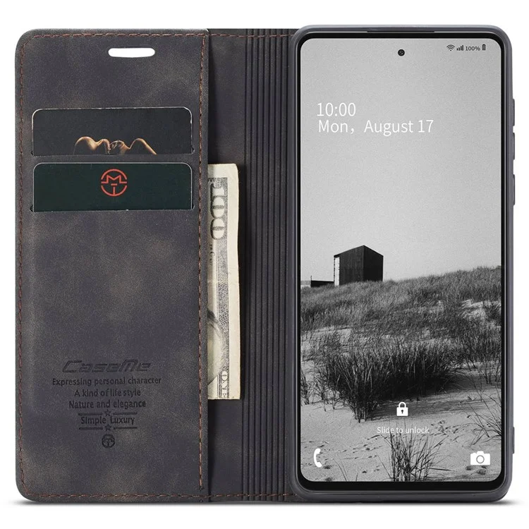 CASEME 013 Series Lightweight Mobile Phone Case Bag for Samsung Galaxy A73 5G, Auto-absorbed PU Leather Wallet Foldable Stand Phone Cover - Black-Cellmalls