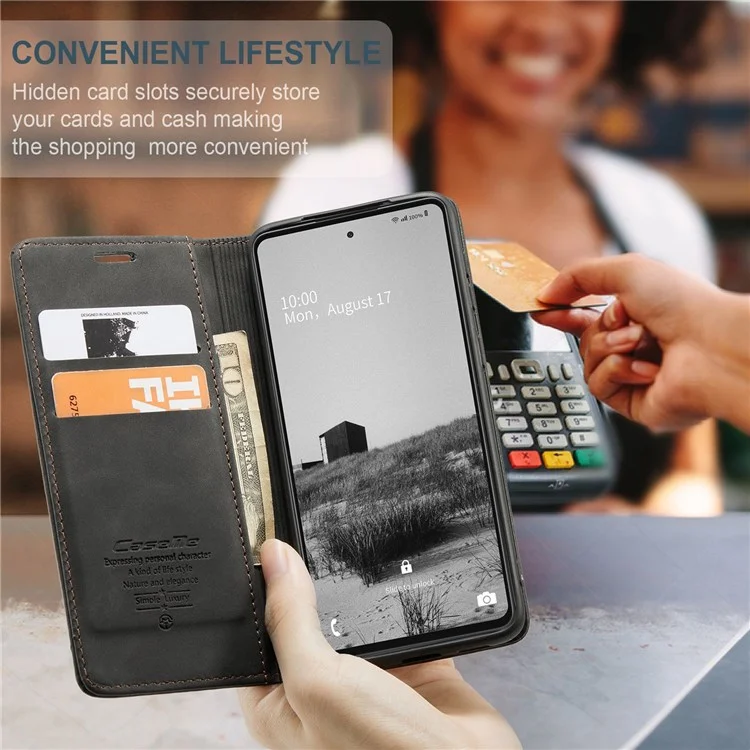 CASEME 013 Series Lightweight Mobile Phone Case Bag for Samsung Galaxy A73 5G, Auto-absorbed PU Leather Wallet Foldable Stand Phone Cover - Black-Cellmalls