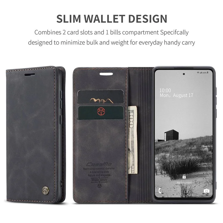 CASEME 013 Series Lightweight Mobile Phone Case Bag for Samsung Galaxy A73 5G, Auto-absorbed PU Leather Wallet Foldable Stand Phone Cover - Black-Cellmalls