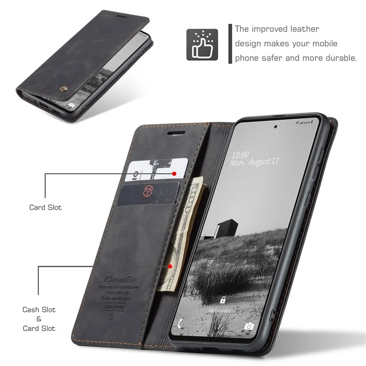 CASEME 013 Series Lightweight Mobile Phone Case Bag for Samsung Galaxy A73 5G, Auto-absorbed PU Leather Wallet Foldable Stand Phone Cover - Black-Cellmalls