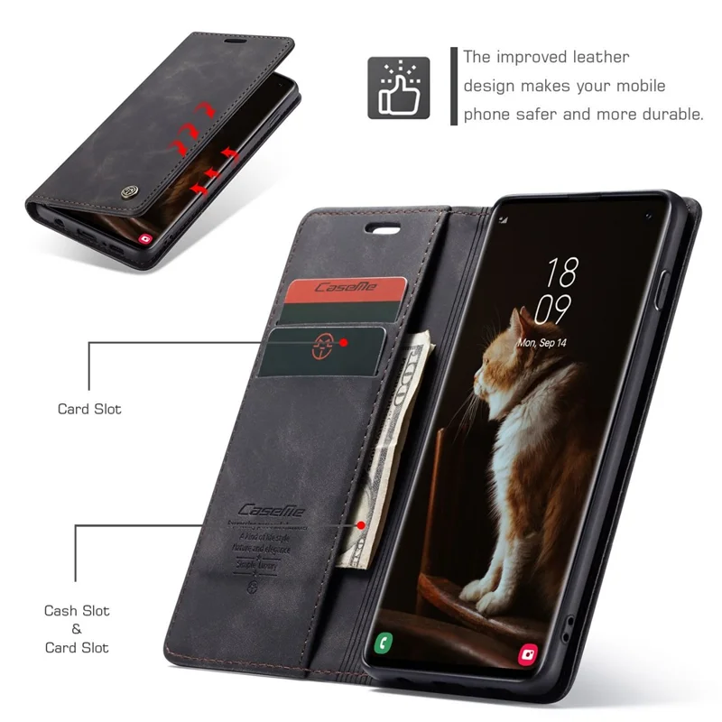 CASEME 013 Series for Samsung Galaxy S10 PU Leather Case [Auto-absorbed] [Wallet Stand] - Black-Cellmalls