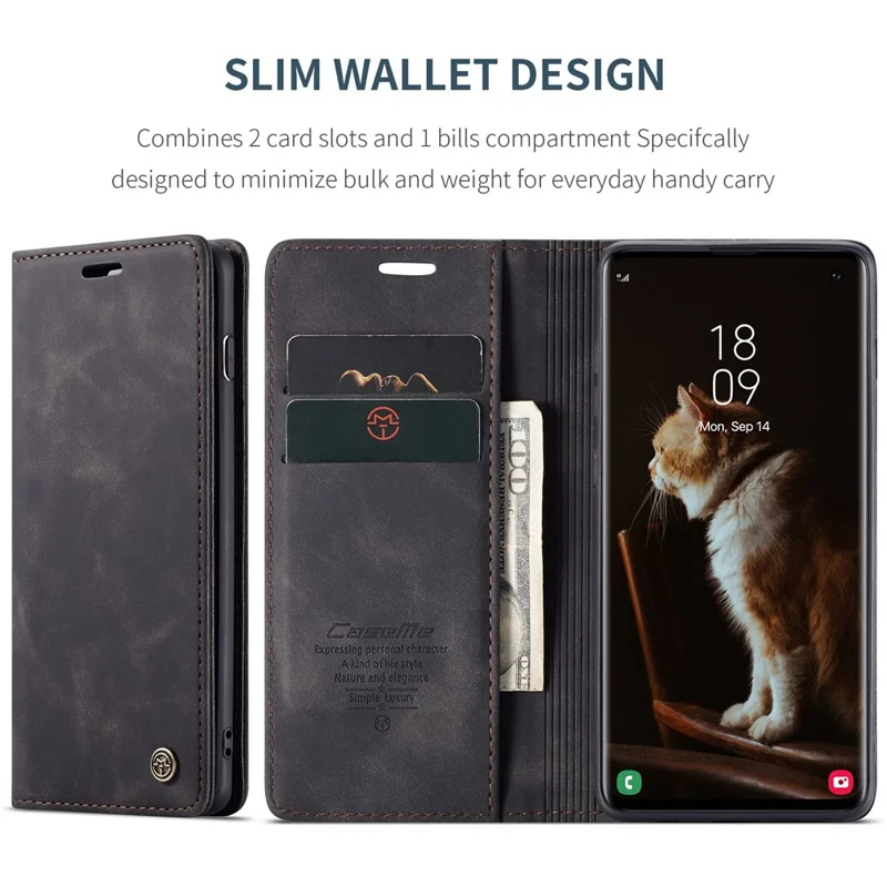 CASEME 013 Series for Samsung Galaxy S10 PU Leather Case [Auto-absorbed] [Wallet Stand] - Black-Cellmalls