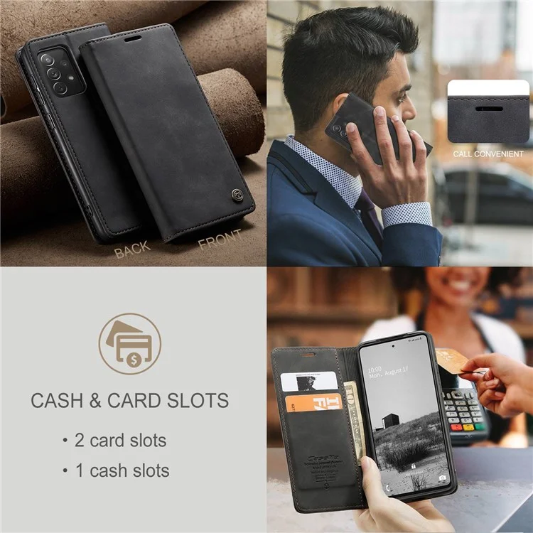CASEME 013 Series Lightweight Mobile Phone Case Bag for Samsung Galaxy A73 5G, Auto-absorbed PU Leather Wallet Foldable Stand Phone Cover - Black-Cellmalls