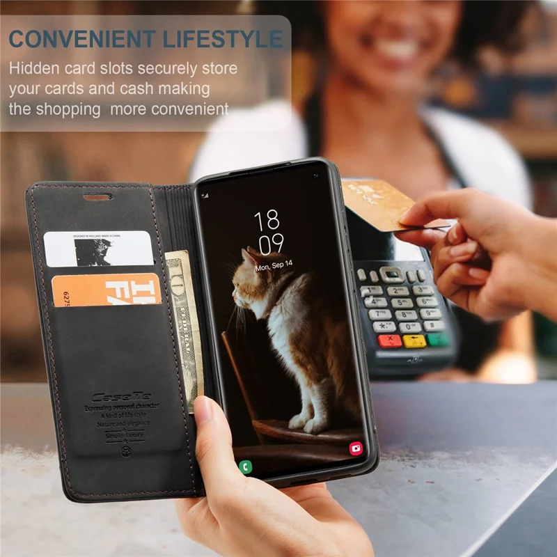CASEME 013 Series for Samsung Galaxy S10 PU Leather Case [Auto-absorbed] [Wallet Stand] - Black-Cellmalls
