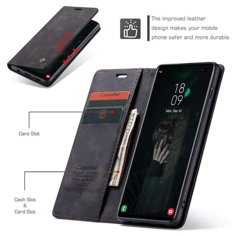 CASEME 013 Series PU Leather Case [Auto-absorbed] [Wallet Stand] for Samsung Galaxy S10 Plus - Black-Cellmalls
