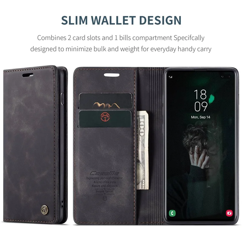 CASEME 013 Series PU Leather Case [Auto-absorbed] [Wallet Stand] for Samsung Galaxy S10 Plus - Black-Cellmalls