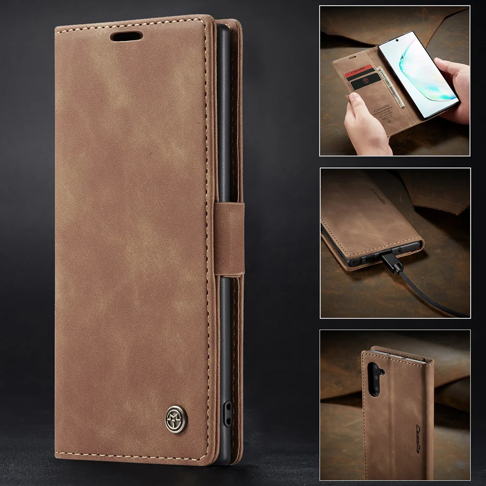 CASEME 013 Series Auto-absorbed Flip Leather Wallet Stand Case for Samsung Galaxy Note 10/Note 10 5G - Dark Brown-Cellmalls