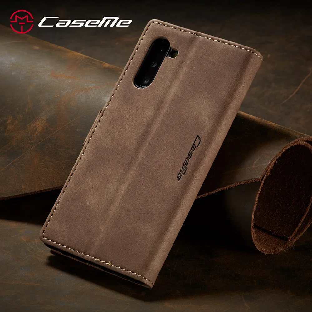 CASEME 013 Series Auto-absorbed Flip Leather Wallet Stand Case for Samsung Galaxy Note 10/Note 10 5G - Dark Brown-Cellmalls