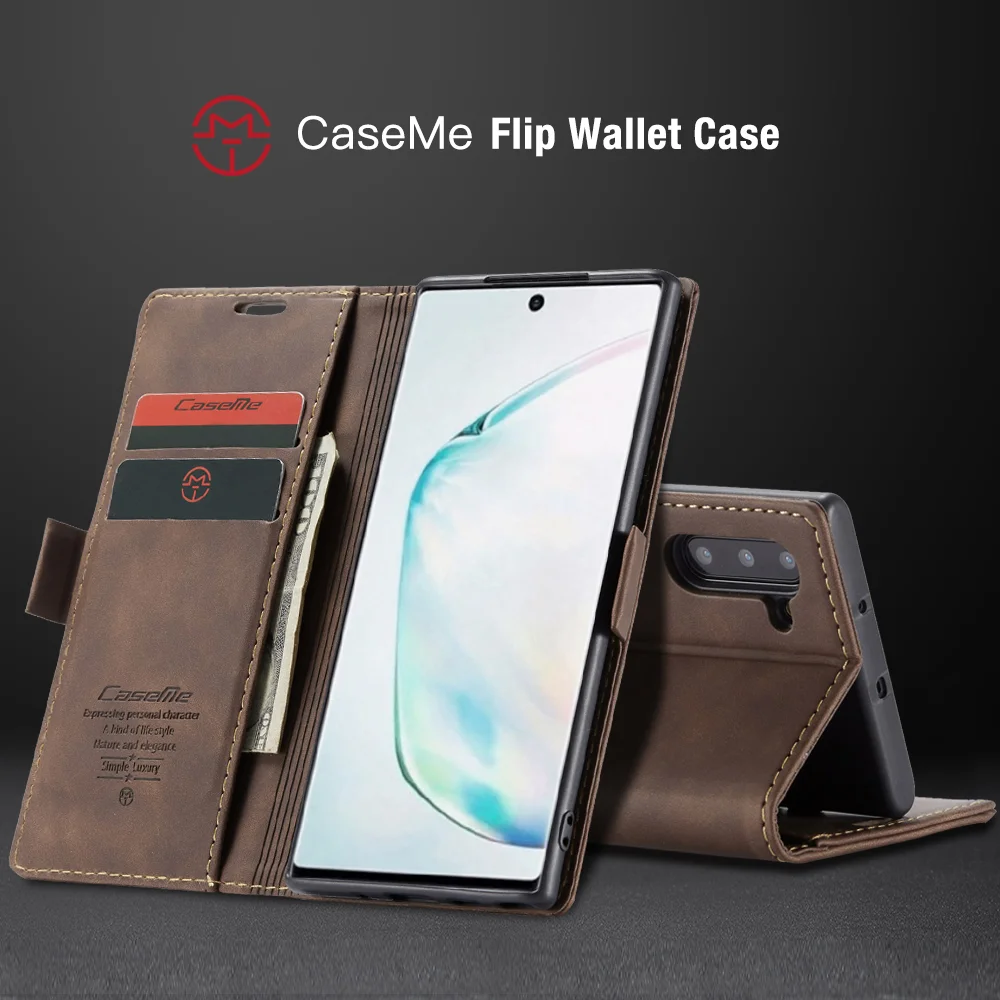 CASEME 013 Series Auto-absorbed Flip Leather Wallet Stand Case for Samsung Galaxy Note 10/Note 10 5G - Dark Brown-Cellmalls